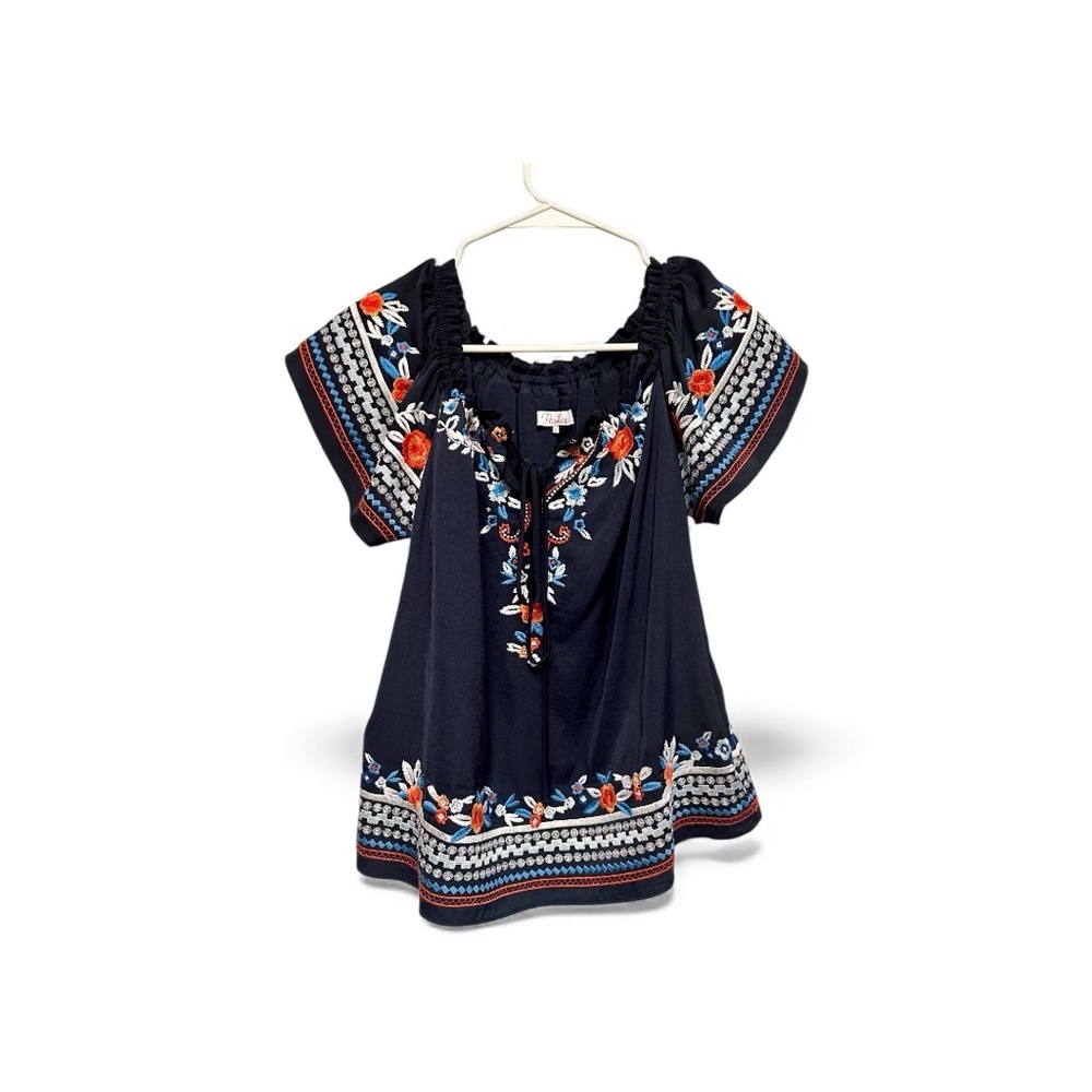 Parker Navy Blouse with Colorful Embroidery Size Small